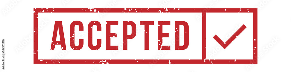 Aufkleber accepted rubber stamp with tick. grunge red mark with text and check in frame or rectangular border.