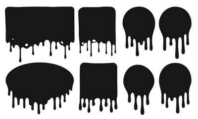 Black dripping frames. Flowing dark fluid or liquid with paint drops. Oil drops leaking from frames of different shape as circle, square, rectangle and ellipse. Pouring ink vector illustration