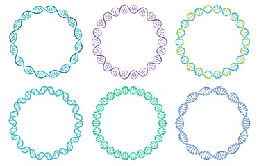 DNA spiral frame set. Human genome helix isolated on white background. Genetic concept for science or medicine. Colorful molecule border for biology or biotechnology vector illustration