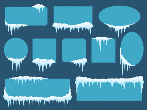 Frames with snow and ice. Frozen borders with snowflakes of different shape as circle, square, rectangle and ellipse isolated on transparent background. Snowy caps vector illustration
