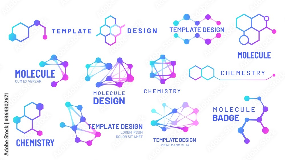 Poster molecule logos. chemistry and science logotype with hexagonal structure and molecular grids template