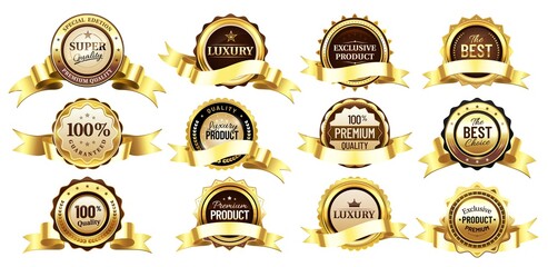 Luxury golden badges with tapes or ribbons. Reward for premium or super quality. Best choice, exclusive product. Gold labels for shop business, round seal icon template vector illustration