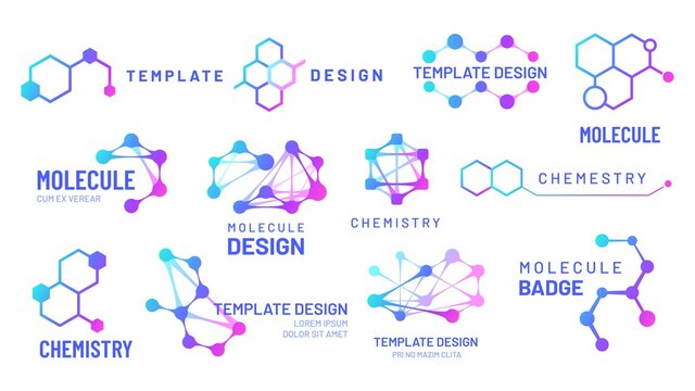 Molecule logos. Chemistry and science logotype with hexagonal structure and molecular grids templates. Biological model, dna molecule connection isolated on white vector illustration