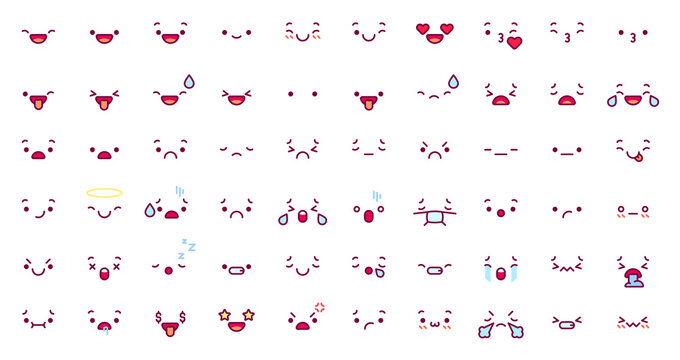 Cute emoticon emoji faces. Cartoon kawaii face expression in japanese anime character. Manga emotion kiss, cry and angry vector icons set. Happy and sad emotions, sleeping, ill, stressed