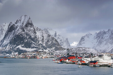 Winter landscape of Reine Resort in Lofoten Archipelago, Norway, Europe