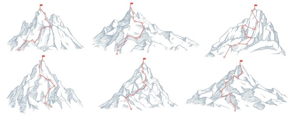 Sketch route to mountain peak. Hand drawn sketch mountains, path to top and climbing journey plan vector illustration set. Red flag on top. High destination, achievement and success symbol