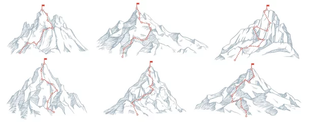 Fototapeten Sketch route to mountain peak. Hand drawn sketch mountains, path to top and climbing journey plan vector illustration set. Red flag on top. High destination, achievement and success symbol © Tartila