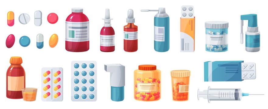 Cartoon medications. Medical drugs, tablets, capsules and prescription bottles. Blisters, syringe and painkiller drug vector pharmacy set. Health care and medical cure, illness treatment
