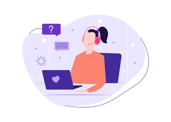 Technical support. Call centre office female worker. Remote work, home office. Editable vector illustration