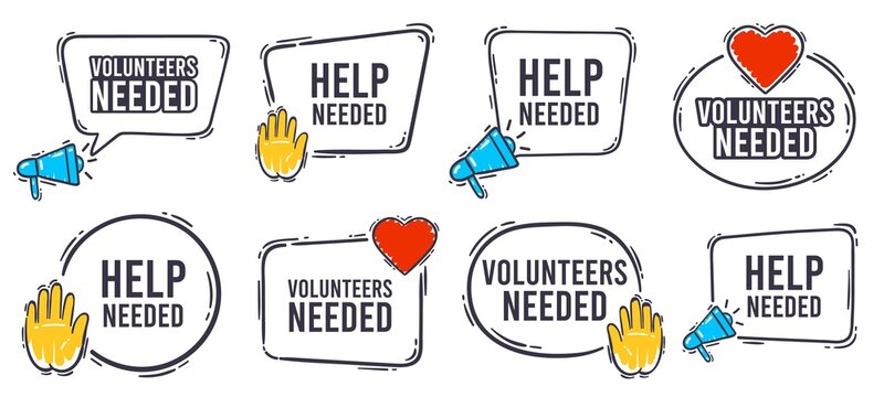 Volunteers needed banner. Help needed label with heart, helping hand and advertising horn loudspeaker icon. Volunteer search speech bubble banner frame vector set. Charity work service symbol