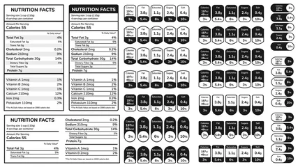 Foto op Plexiglas Nutrition facts information label. Daily value ingredient amounts calories guideline protein, fats in grams and percent tables vector set for box packages. Requirements for food dieting © Tartila