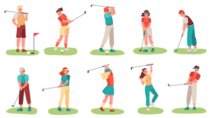 Golf playing. Men and women training with golf clubs on green grass, sport hobby players golfer in uniform, cartoon set vector illustration. Male and female character in different position