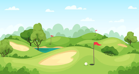 Golf course. Green landscape with flags and sand ground, golf cart on lawn, course for tournament game golf, cartoon vector background