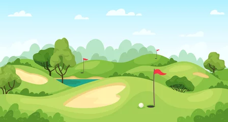 Fotobehang Golfbaan. Groen landschap met vlaggen en zandgrond, golfkar op gazon, cursus voor golftoernooien, cartoon vectorachtergrond © Tartila
