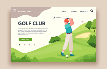 Golf club web site. Sports club with green play field, holes with flagsticks, sand traps, golf cart, golfing school landing vector page. Man player with equipment as stick and ball