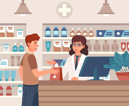 Pharmacist and patient. Pharmacist consultant and patient in drugstore interior, client buys medication, pharma healthcare vector concept. Woman at counter, boy taking bag with pills.