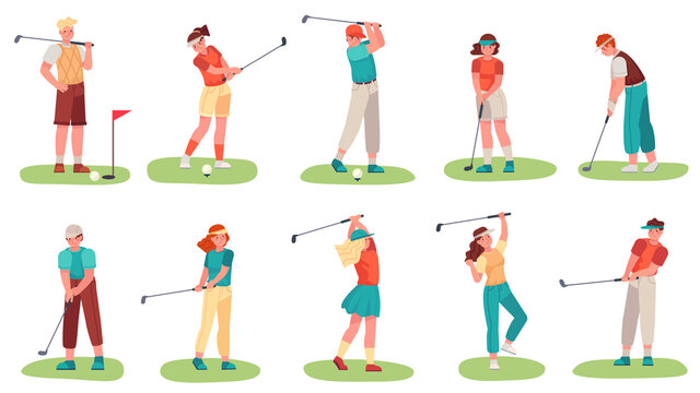 Golf playing. Men and women training with golf clubs on green grass, sport hobby players golfer in uniform, cartoon set vector illustration. Male and female character in different position
