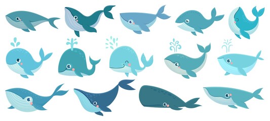 Cute whales. Marine life animals, underwater blue whales, childrens icons for stickers, baby shower, books. Simple cartoon vector set. Aquatic creatures, narwhal splashing water through blowhole