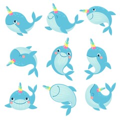 Whale unicorn. Cute marine inhabitants colorful adorable whales unicorns, funny animals childrens anime creatures, cartoon vector characters. Narwhal with colorful horn isolated on white