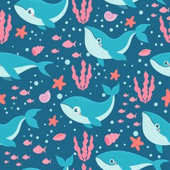 Obraz premium Whales seamless pattern. Funny sea animals happy orca, blue whale, kids nautical fabric print, underwater boy wallpaper vector texture. Sea life with starfish, shell, fish and seaweed