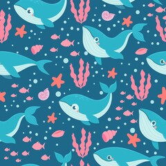 Whales seamless pattern. Funny sea animals happy orca, blue whale, kids nautical fabric print, underwater boy wallpaper vector texture. Sea life with starfish, shell, fish and seaweed