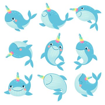 Whale unicorn. Cute marine inhabitants colorful adorable whales unicorns, funny animals childrens anime creatures, cartoon vector characters. Narwhal with colorful horn isolated on white