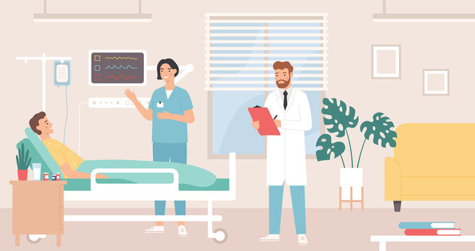 Hospital room. Patient in bed hospital ward, doctor and nurse provide medical care, intensive therapy, healthcare flat vector concept. Man character lying in bed with dropper having treatment
