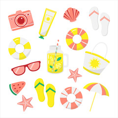 Set of cute summer accessories. Collection of flat vector elements for beach party. Isolated on white background.