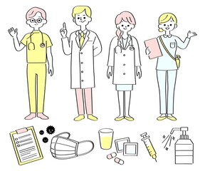 医療従事者の男女と医療品のセット　イエロー
