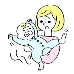 泣いている赤ちゃんに困るお母さん　イエロー