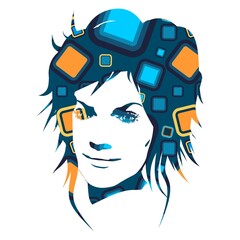 Face front view. Elegant silhouette of a female head. Portrait of a happy smiled woman