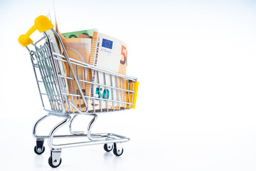 Euro banknotes in a cart for a supermarket. Money in a shopping trolley. Concept - money for buying in stores. Shopping costs. White background. Concept - shopping in online stores.