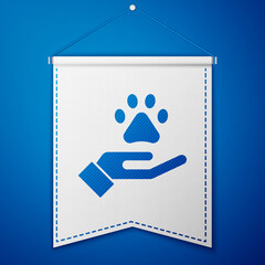 Blue Hands with animals footprint icon isolated on blue background. Pet paw in heart. Love to the animals. White pennant template. Vector.