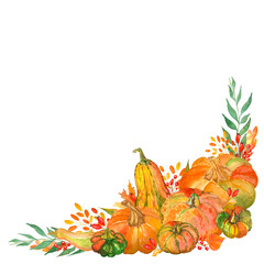 Watercolor composition of pumpkins and autumn leaves for frame, border and card