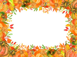 Watercolor frame with pumpkins and autumn leaves, illustration for thanksgiving card