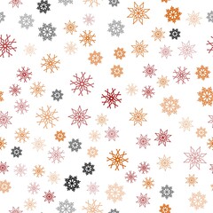 Dark Red, Yellow vector seamless template with ice snowflakes. Snow on blurred abstract background with gradient. Pattern for design of window blinds, curtains.
