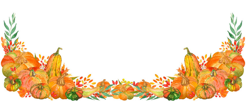Watercolor autumn border for thanksgiving day and harvest festival with pumpkins, plants, leaves and berries