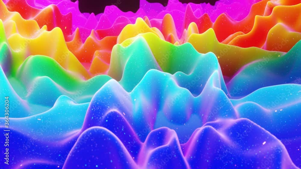 Poster beautiful abstract 3d surface with extrude or displace waves transform in loop. rainbow gradient. so