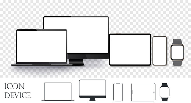 Set realistic devices. Devices and Electronics related line icons. Device size screen, realistic set  gadget display template, computer desktop, smartphone, tablet and smartwatch. Vector illustration