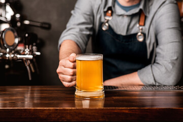 Friendly bartender. Man in apron puts a mug of light beer on wooden counter in interior