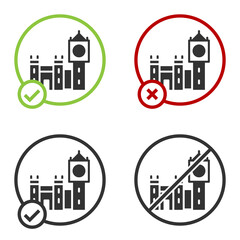 Black Big Ben tower icon isolated on white background. Symbol of London and United Kingdom. Circle button. Vector.