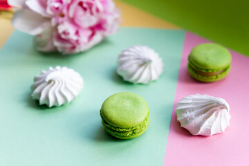 A french sweet delicacy, colorful macaroons variety closeup with flowers on white backround. Tasty macaroon colourful texture.