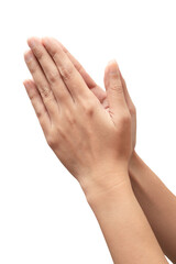 Obraz premium Praying hand sign, two woman's palm are clasped all together. hand language concept
