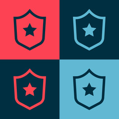 Pop art Police badge icon isolated on color background. Sheriff badge sign. Shield with star symbol. Vector.