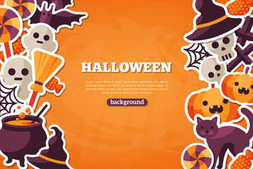 Halloween Concept Banner With Flat Icon Set on Orange Textured Backdrop. Vector Flat Illustration. Halloween Signs and Symbols. Trick or Treat.