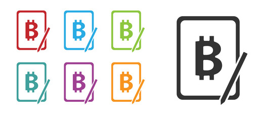 Black Mining bitcoin from graphic tablet icon isolated on white background. Cryptocurrency mining, blockchain technology service. Set icons colorful. Vector.