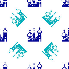Blue Moscow symbol - Saint Basil's Cathedral, Russia icon isolated seamless pattern on white background. Vector.