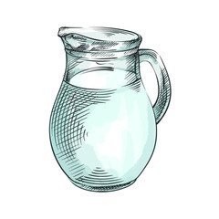 Colorful watercolor Hand-drawn sketch of milk in a jug. Simple jug with milk or water