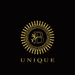 Golden Circle Deco B Luxury Floral Letter Logo Design. Monogram unique emblem ornate nature floral leaf with initial letter logo