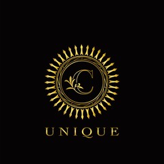 Golden Circle Deco C Luxury Floral Letter Logo Design. Monogram unique emblem ornate nature floral leaf with initial letter logo